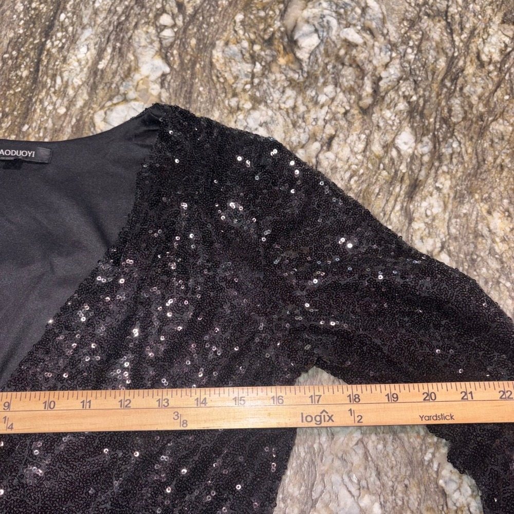 Sequin Romper Women Medium Black Long Sleeve V-Neck Party Playsuit HAODUOYI - Picture 12 of 16